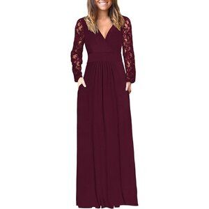 ⚡Women’s Fall Maxi Dress 2025 Lace Long Sleeve V Neck Wrap Dress with Pockets